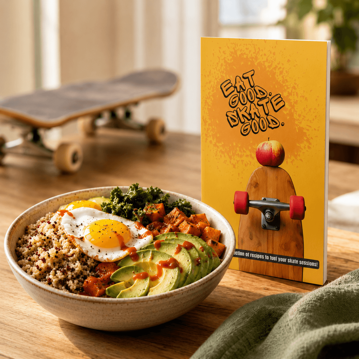 Eat Good. Skate Good. recipe book beside a bowl of quinoa, eggs, avocado, sweet potato and kale, with a skateboard in the background.