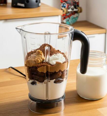 Blender with layered ingredients on a wooden counter next to a glass of milk