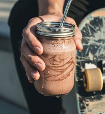 Hand holding a mason jar with a chocolate shake, with a skateboard in the background.