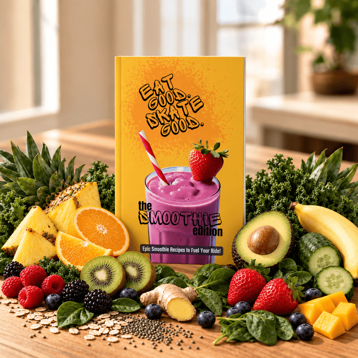 Eat Good. Skate Good. Smoothie Edition recipe book surrounded by fresh fruit, leafy greens, ginger, oats and chia seeds.