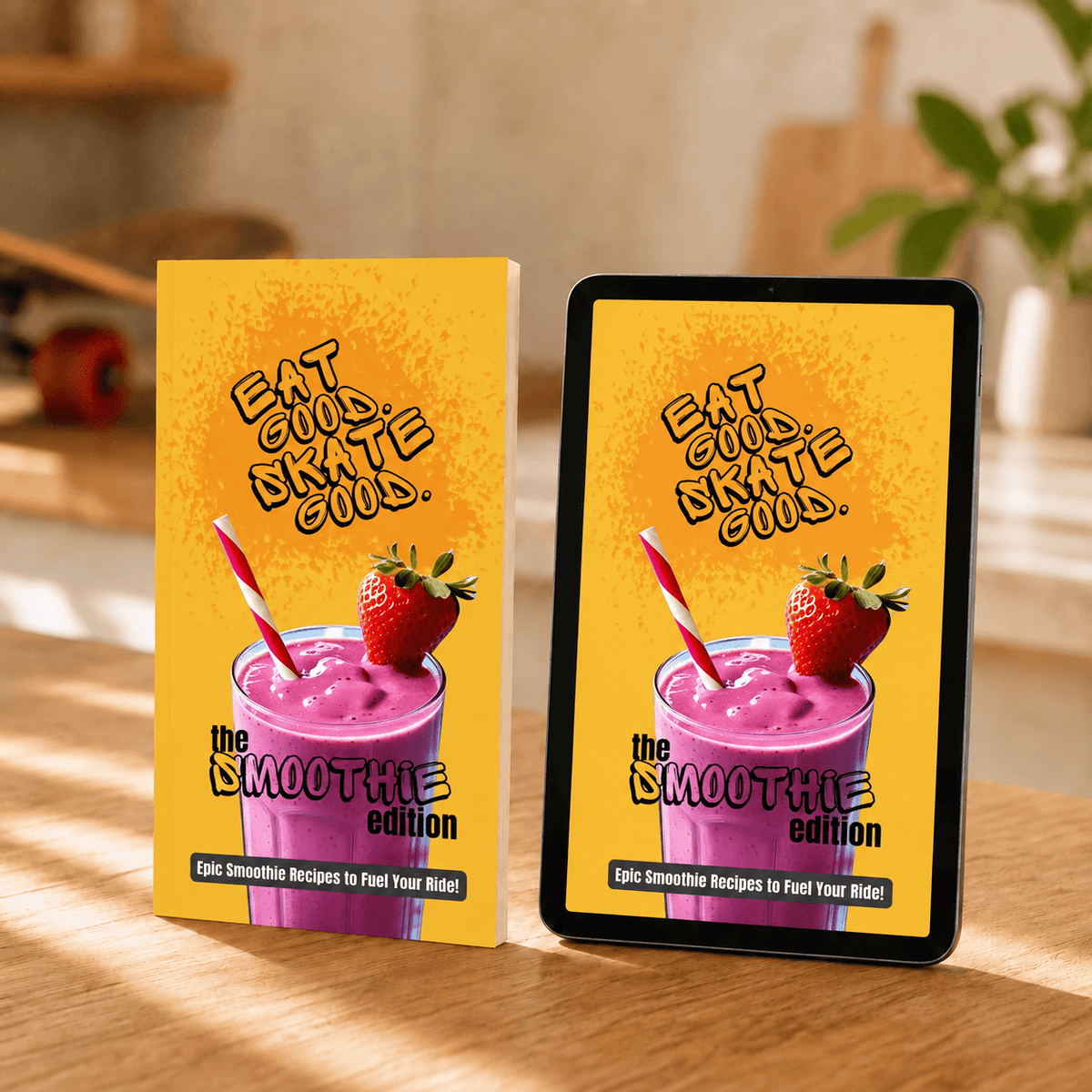 Eat Good. Skate Good. Smoothie Edition shown as a paperback and digital ebook on a tablet, side by side on a wooden table.