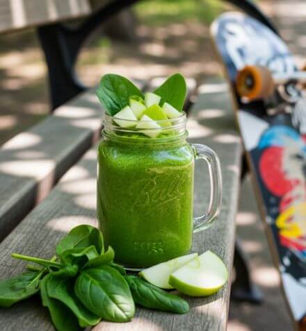 Green smoothie in a mason jar with spinach and apple slices on a wooden table outdoors.