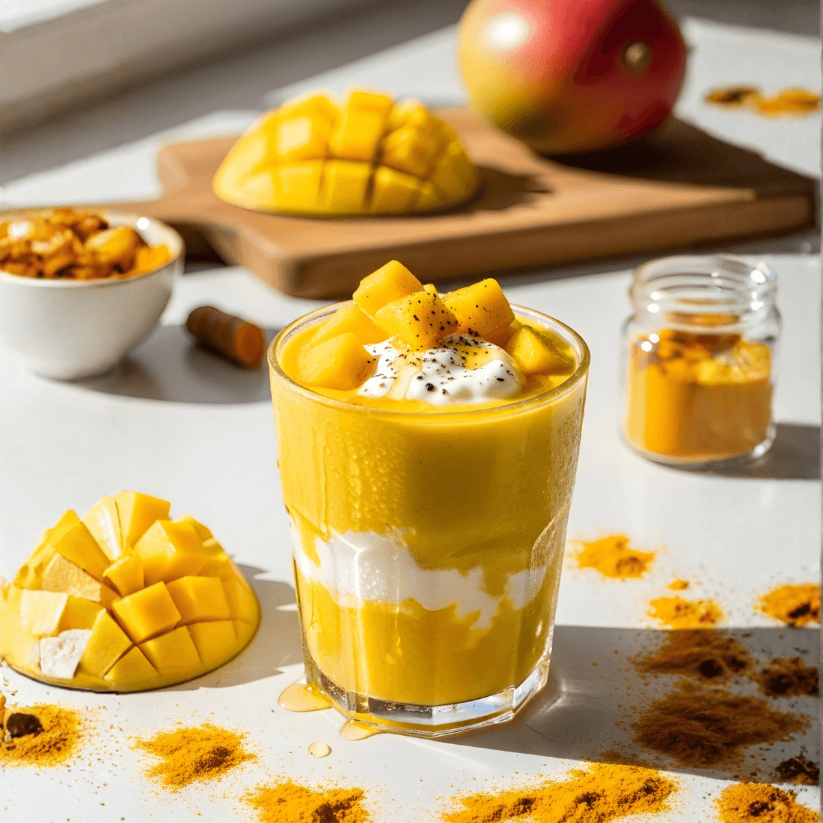 Mango smoothie with yogurt in a glass, surrounded by mango pieces and spices on a light surface.